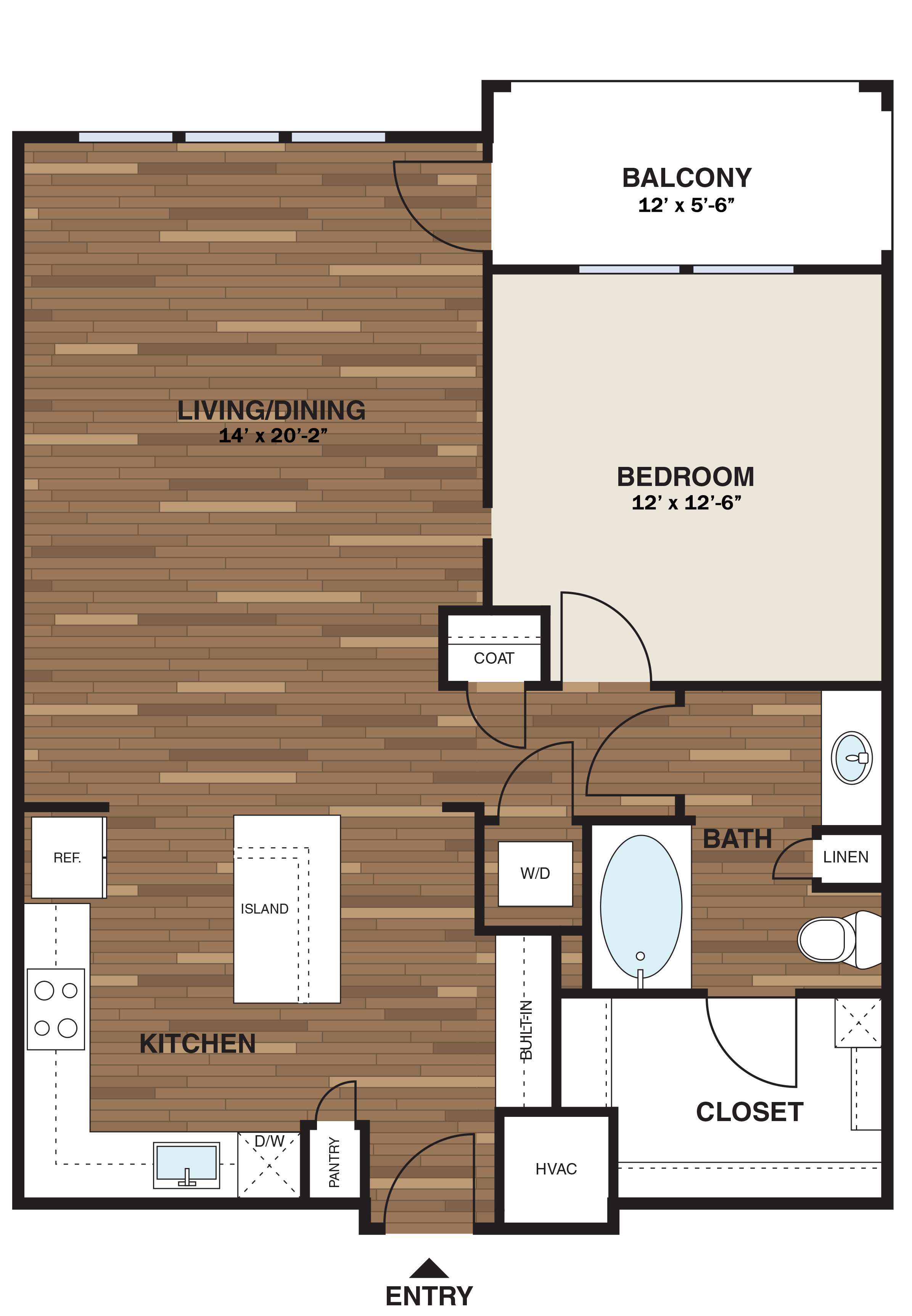 Floor plan for 1 bed, 1 bath, 850 sqft